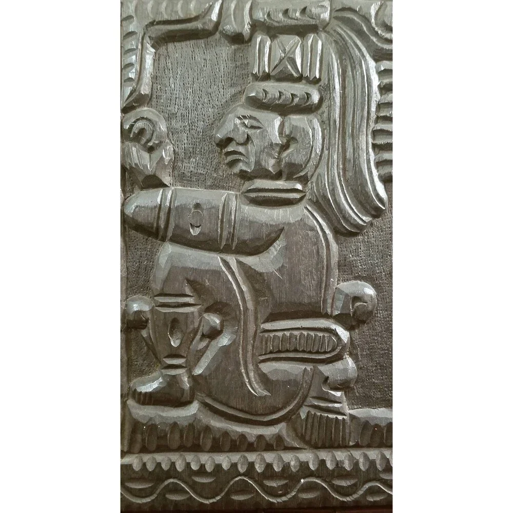 Vintage Aztec Mayan Mesoamerican God or Priest Hand Carved Wooden Figural Plaque